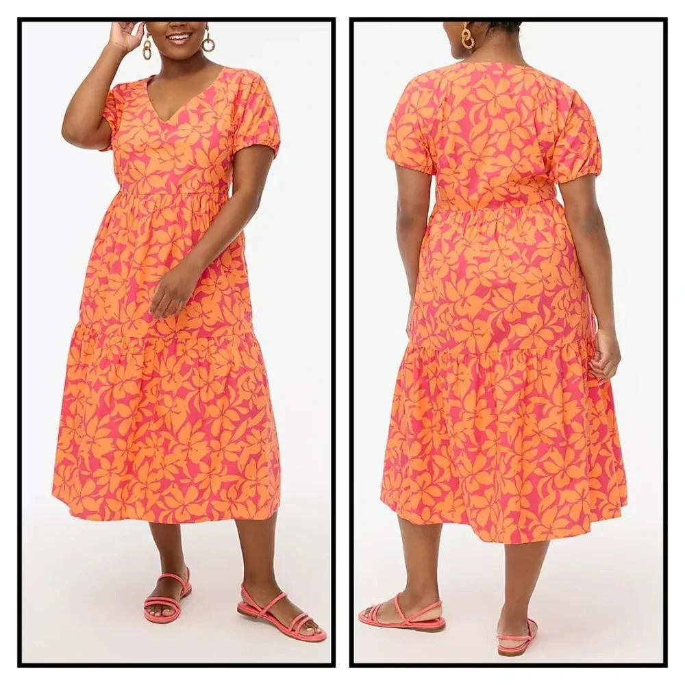 JCrew Pink Orange Tropical Floral Tiered Midi Boho V-Neck Vacation Dress Size 8 - Picture 8 of 8